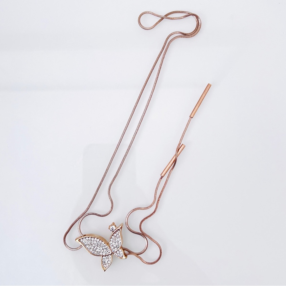Rose gold crystal pave and mother of pearl butterfly chain lariat necklace